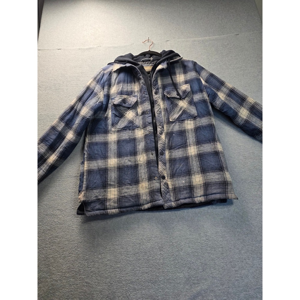 Boston Traders Mens Blue Plaid Quilted Flannel Hooded Shirt Jacket Size‎ M